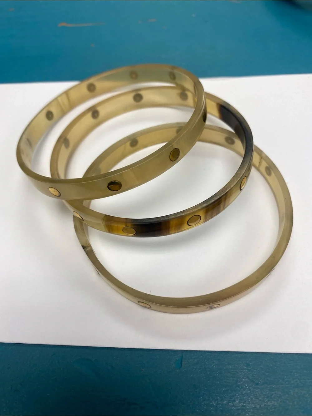 Vintage Neutral Tortoiseshell Resin Bangle Bracelet Set with Gold Studs